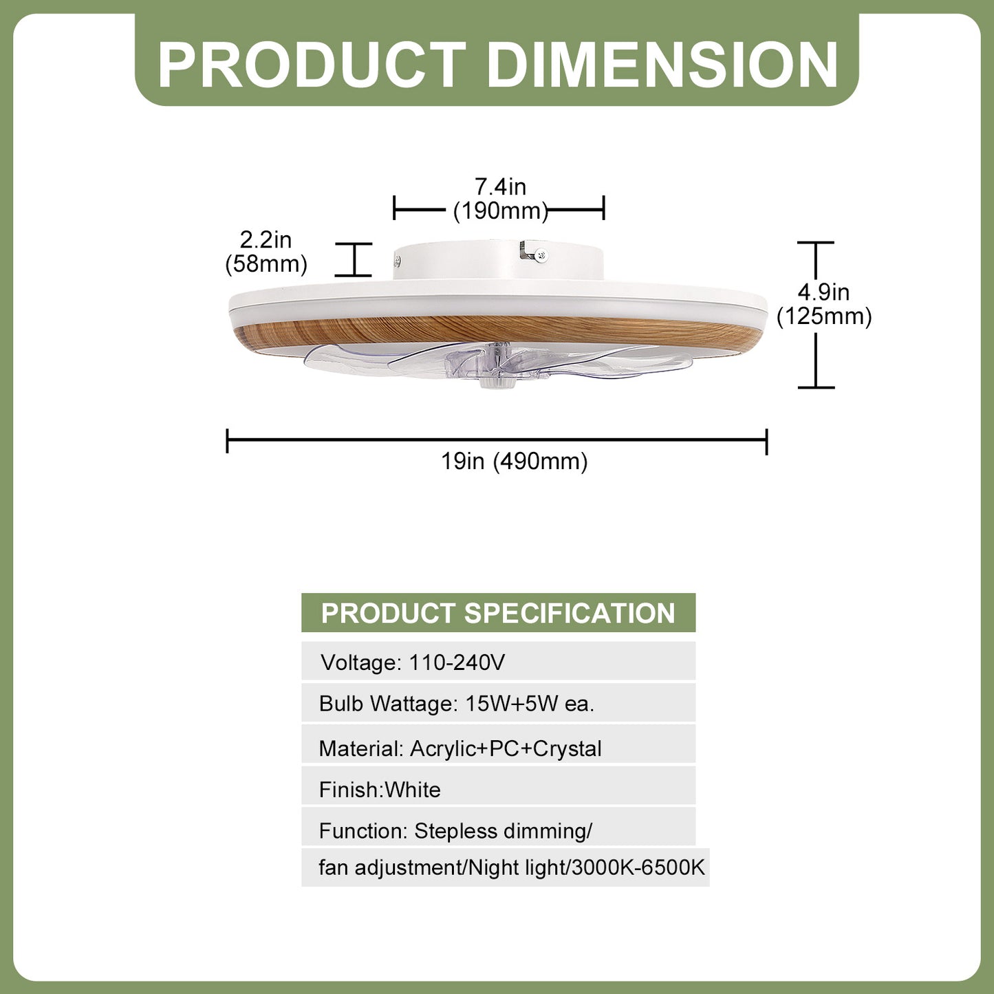 YANSUN 19 in. 15-Watt 7-Blade Wood Grain Standard  Flush Mount Ceiling Fan with Stepless Dimming and Night Light, White Finish