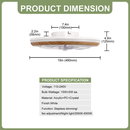 YANSUN 19 in. 15-Watt 7-Blade Wood Grain Standard  Flush Mount Ceiling Fan with Stepless Dimming and Night Light, White Finish