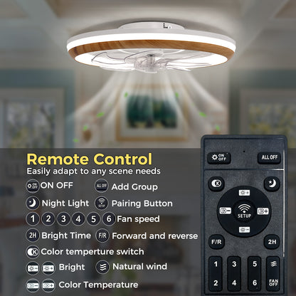 YANSUN 19 in. 15-Watt 7-Blade Wood Grain Standard  Flush Mount Ceiling Fan with Stepless Dimming and Night Light, White Finish