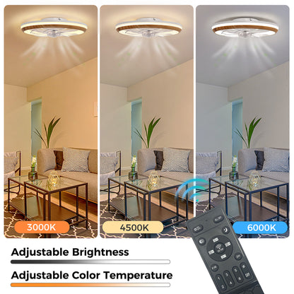 YANSUN 19 in. 15-Watt 7-Blade Wood Grain Standard  Flush Mount Ceiling Fan with Stepless Dimming and Night Light, White Finish