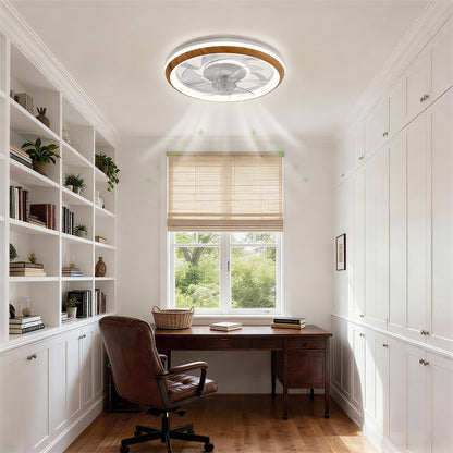 YANSUN 19 in. 15-Watt 7-Blade Wood Grain Standard  Flush Mount Ceiling Fan with Stepless Dimming and Night Light, White Finish