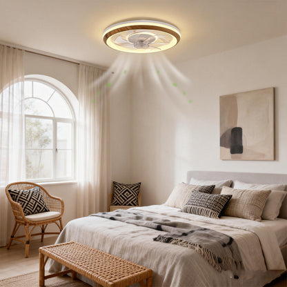 YANSUN 19 in. 15-Watt 7-Blade Wood Grain Standard  Flush Mount Ceiling Fan with Stepless Dimming and Night Light, White Finish