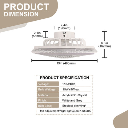 YANSUN 19in LED Ceiling Fan with Light, 5 Blades, Remote Control, Stepless Dimming, 3000K-6500K, Gray & White