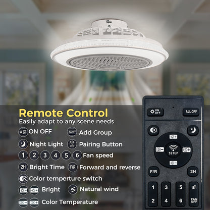 YANSUN 19in LED Ceiling Fan with Light, 5 Blades, Remote Control, Stepless Dimming, 3000K-6500K, Gray & White