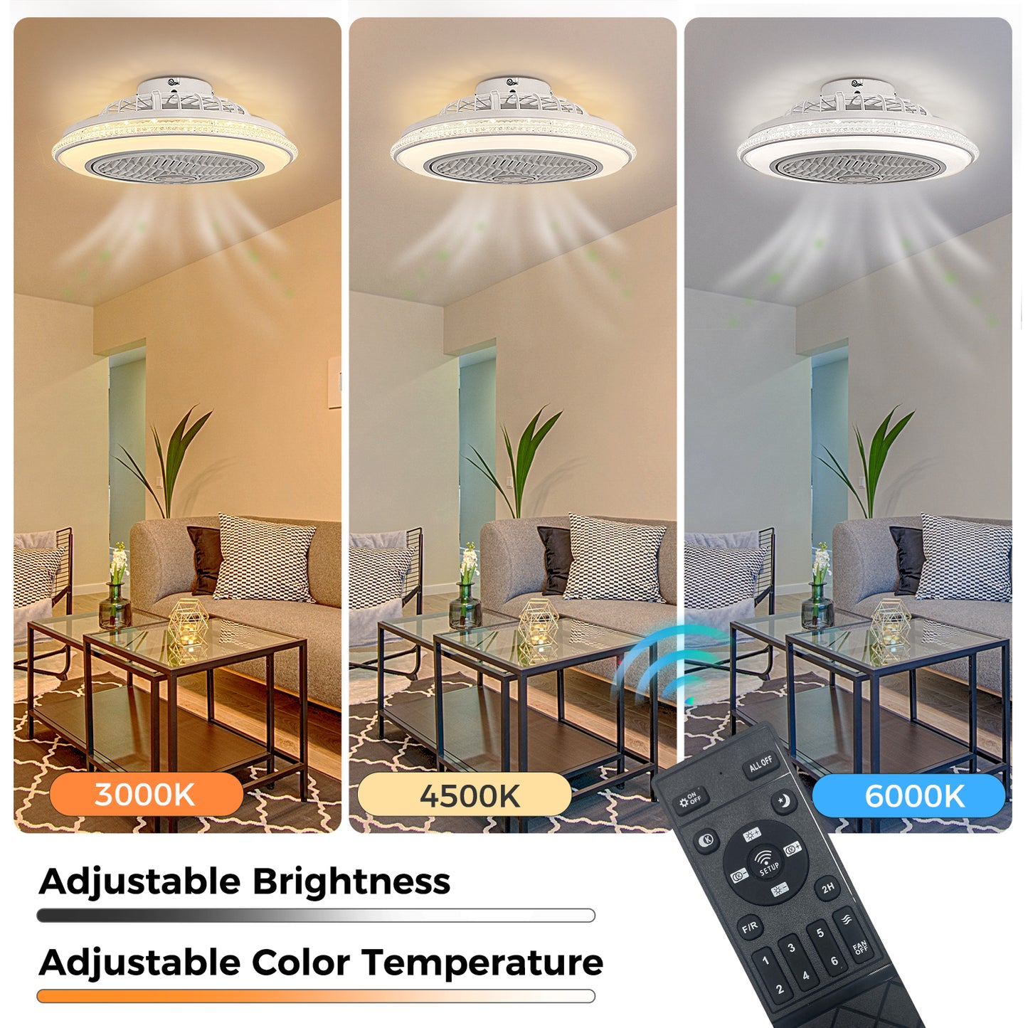 YANSUN 19in LED Ceiling Fan with Light, 5 Blades, Remote Control, Stepless Dimming, 3000K-6500K, Gray & White