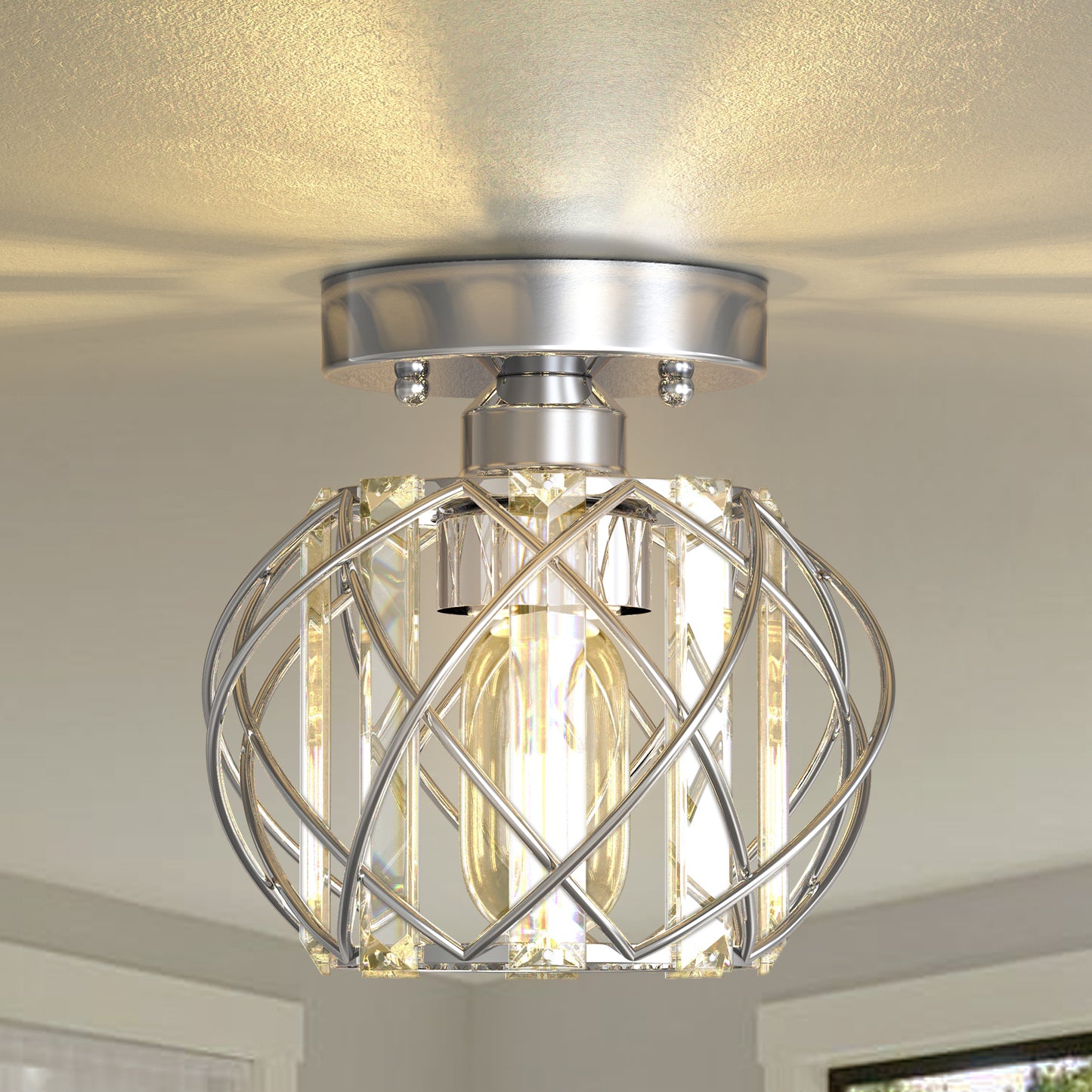 YANSUN 7.1 in. 1-Light Semi Flush Mount Ceiling Light, Triangular Crystal, Matte Black Cross Metal Shade, Chrome Finish, E26