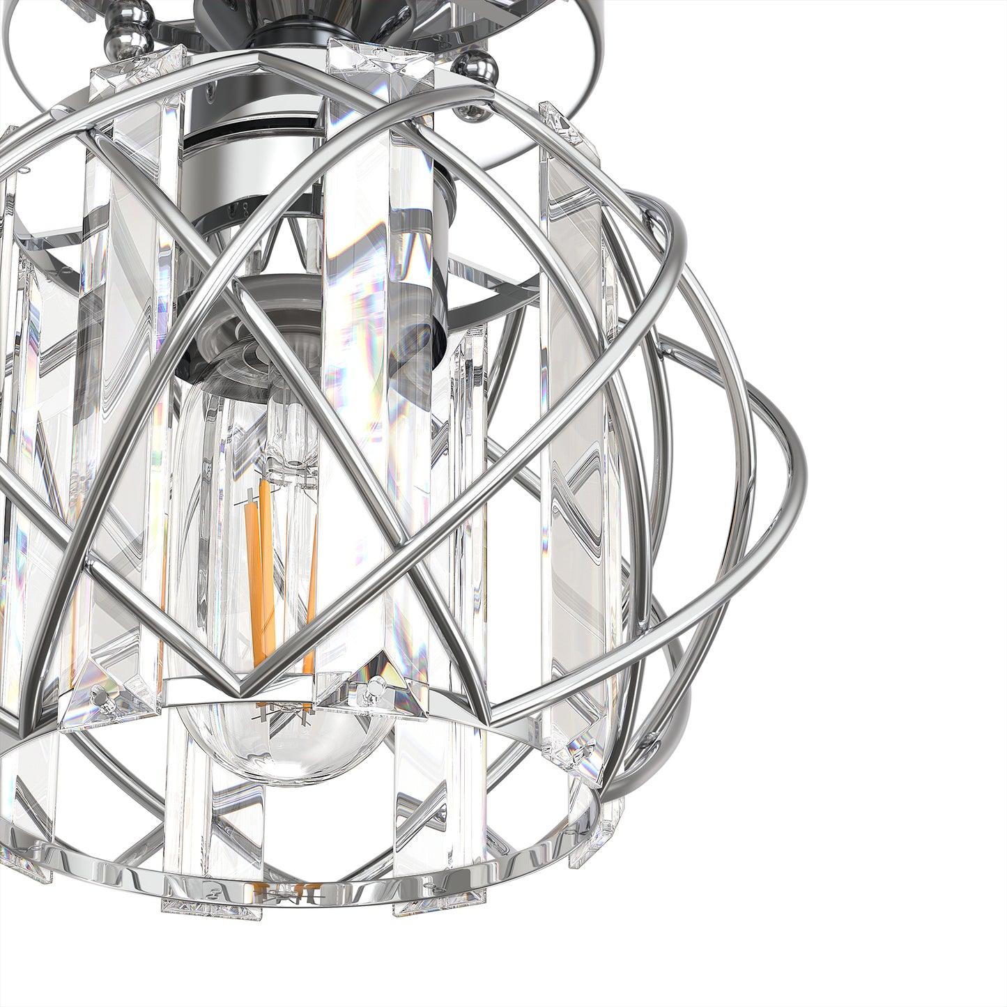 YANSUN 7.1 in. 1-Light Semi Flush Mount Ceiling Light, Triangular Crystal, Matte Black Cross Metal Shade, Chrome Finish, E26