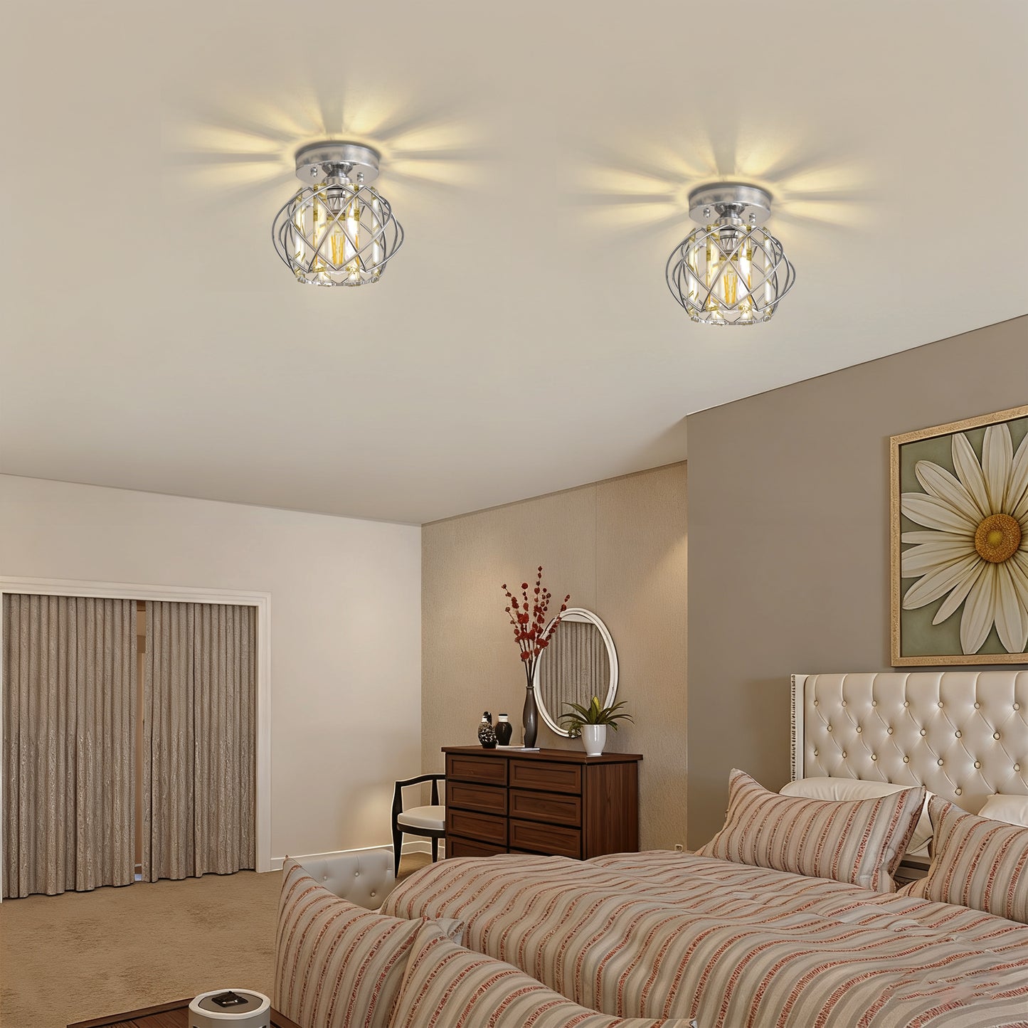 YANSUN 7.1 in. 1-Light Semi Flush Mount Ceiling Light, Triangular Crystal, Matte Black Cross Metal Shade, Chrome Finish, E26