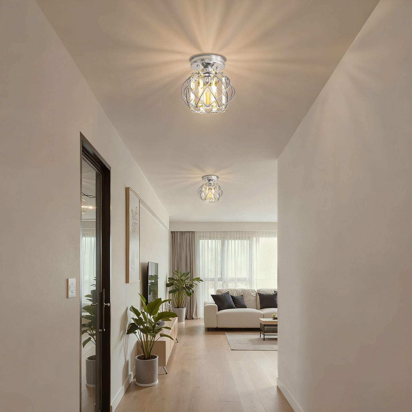 YANSUN 7.1 in. 1-Light Semi Flush Mount Ceiling Light, Triangular Crystal, Matte Black Cross Metal Shade, Chrome Finish, E26