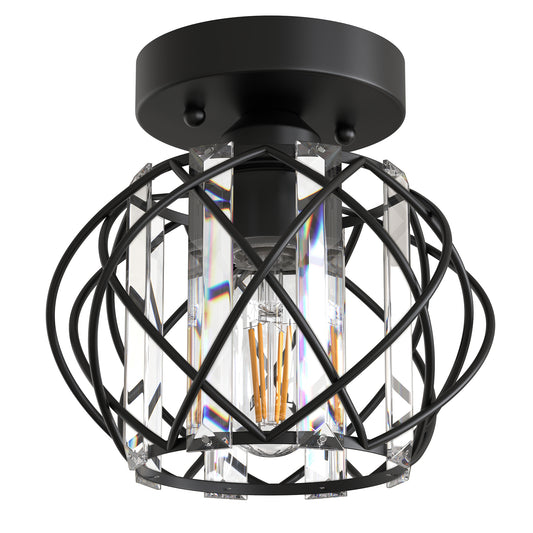 7. 1in. 1-Light Matte Black Industrial Globe Semi-Flush Mount With Clear Glass and Metal Shade and No Bulbs Included