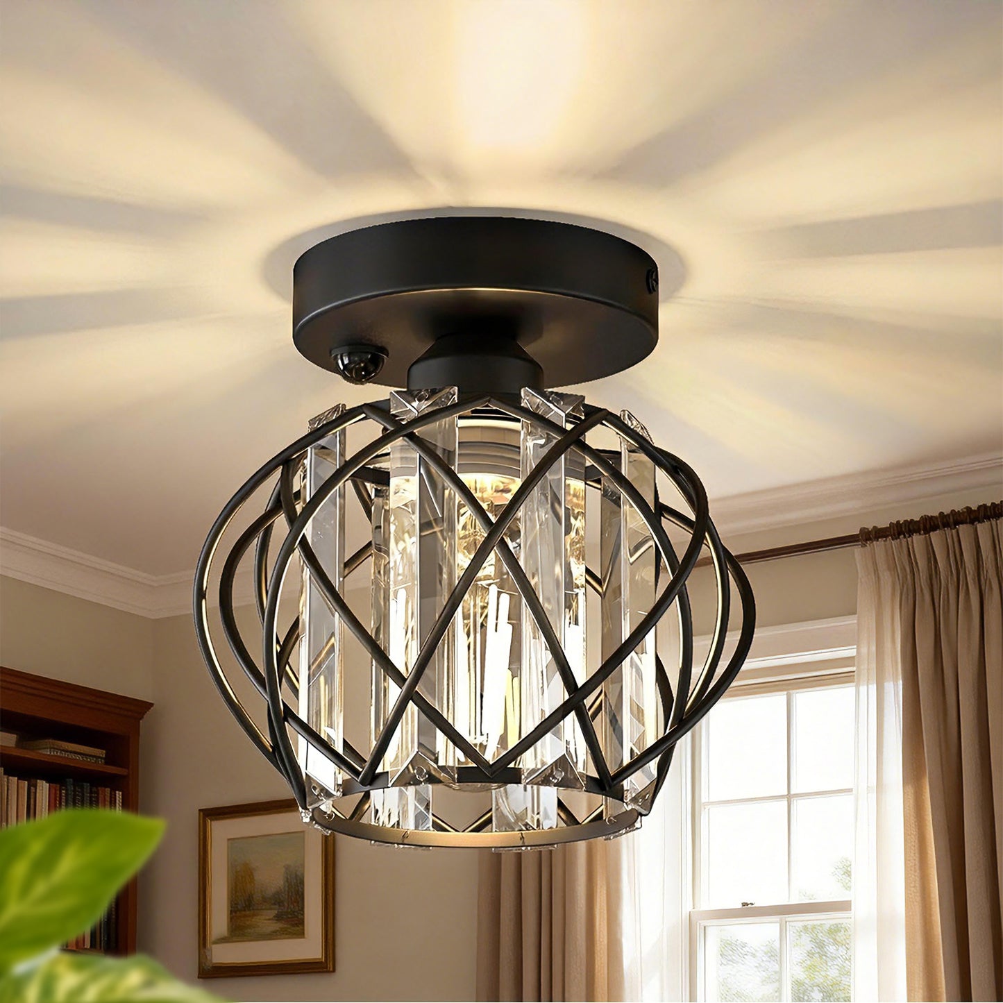 YANSUN 7.1 in. 1-Light Matte Black Motion Sensor Semi Flush Mount Ceiling Light with Crystal Shade Modern Ceiling Light Fixtur