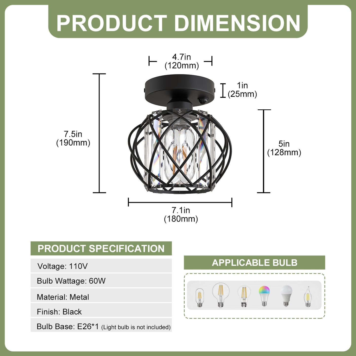 YANSUN 7.1 in. 1-Light Matte Black Motion Sensor Semi Flush Mount Ceiling Light with Crystal Shade Modern Ceiling Light Fixtur