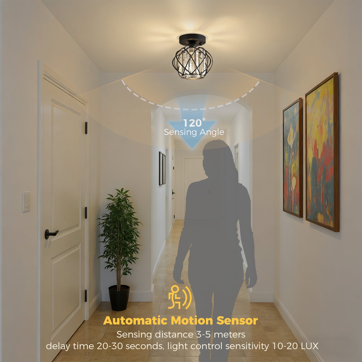 YANSUN 7.1 in. 1-Light Matte Black Motion Sensor Semi Flush Mount Ceiling Light with Crystal Shade Modern Ceiling Light Fixtur