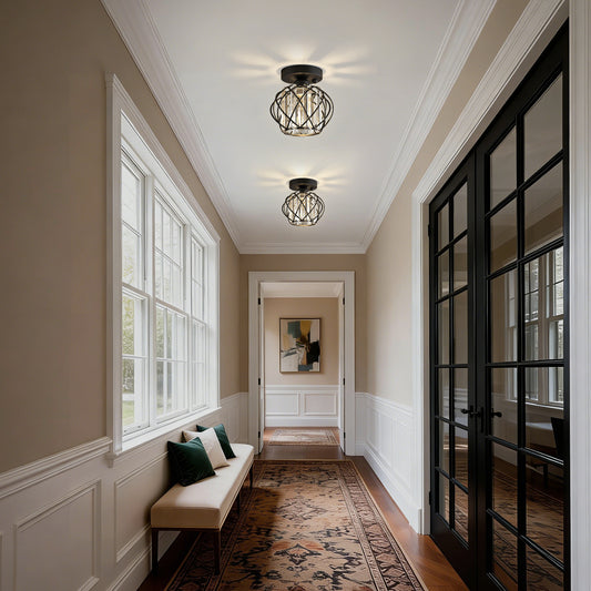 YANSUN 7.1 in. 1-Light Matte Black Motion Sensor Semi Flush Mount Ceiling Light with Crystal Shade Modern Ceiling Light Fixtur