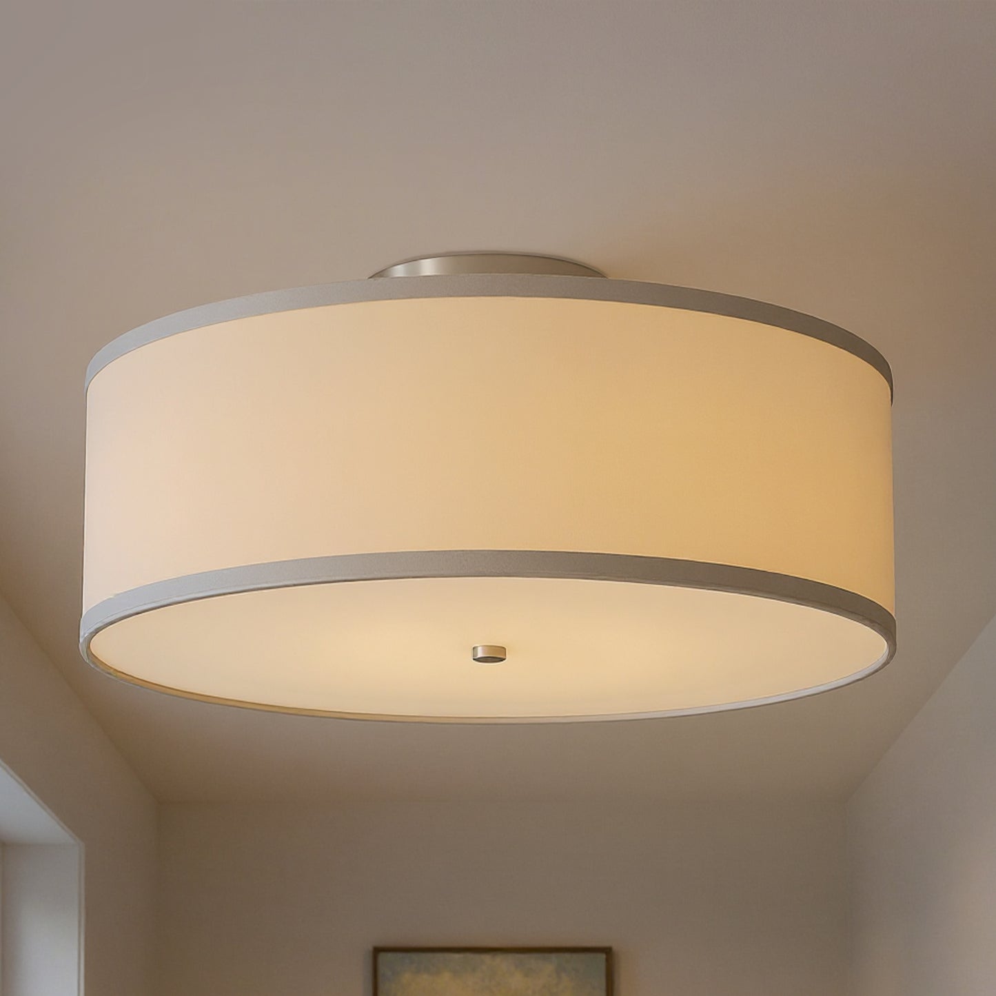YANSUN 16 in. 2-Light Drum White Semi Flush Mount Ceiling Light with Fabric and Acrylic Shade for Living Room, Hallway, Bedroom