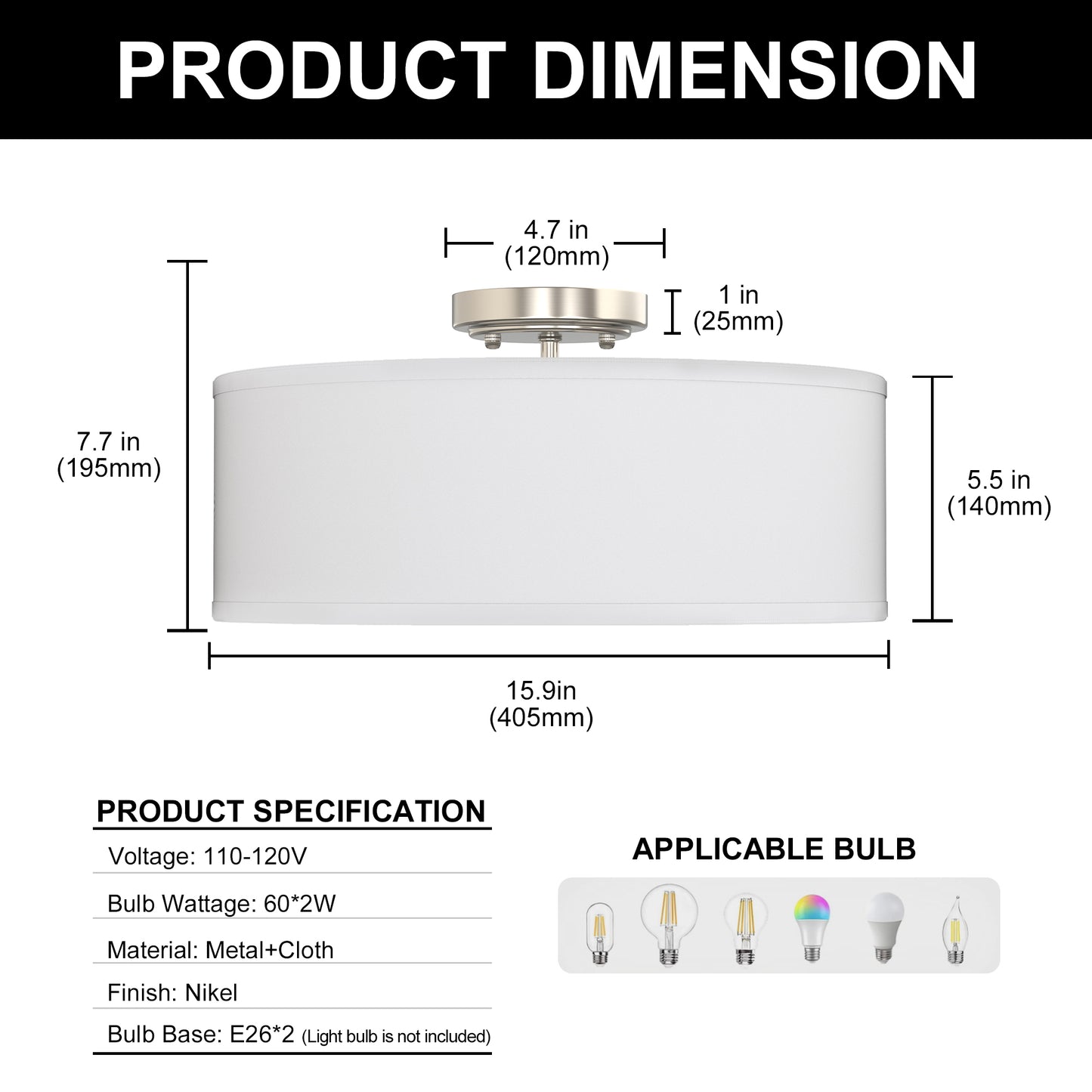 YANSUN 16 in. 2-Light Drum White Semi Flush Mount Ceiling Light with Fabric and Acrylic Shade for Living Room, Hallway, Bedroom