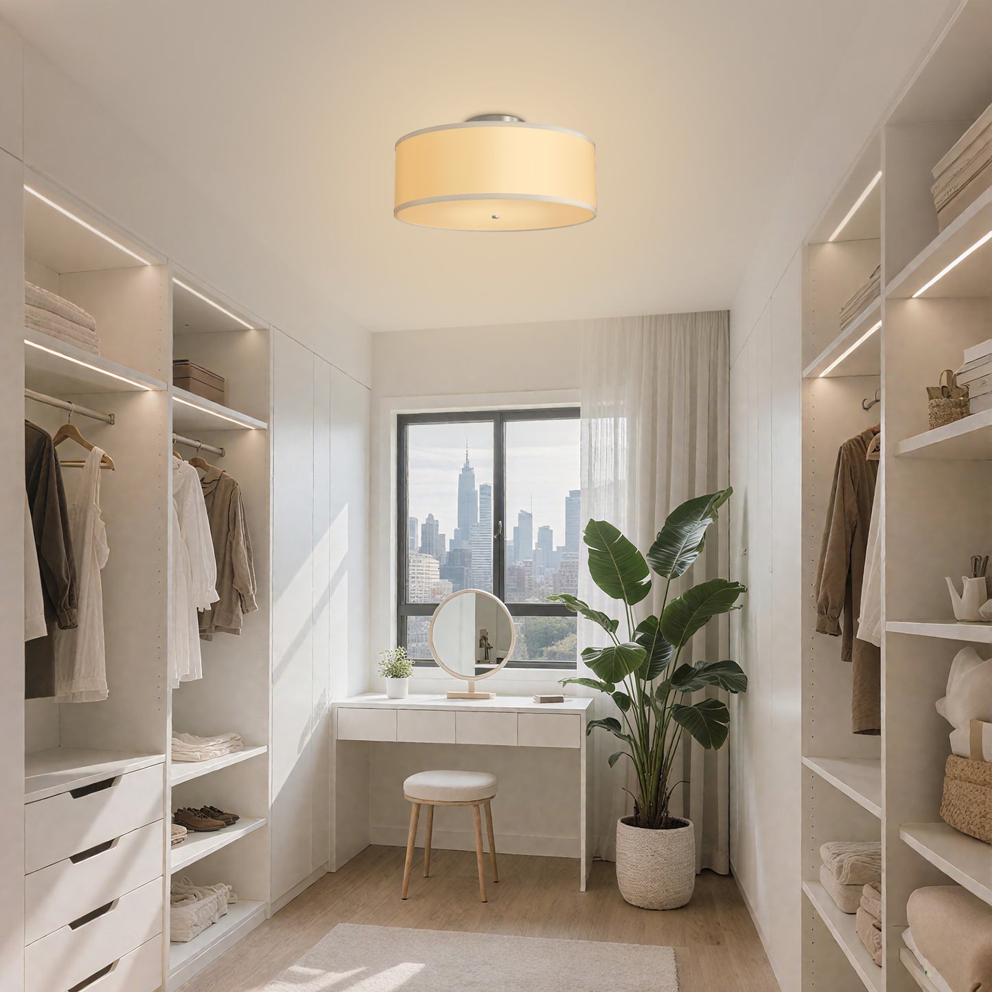 YANSUN 16 in. 2-Light Drum White Semi Flush Mount Ceiling Light with Fabric and Acrylic Shade for Living Room, Hallway, Bedroom