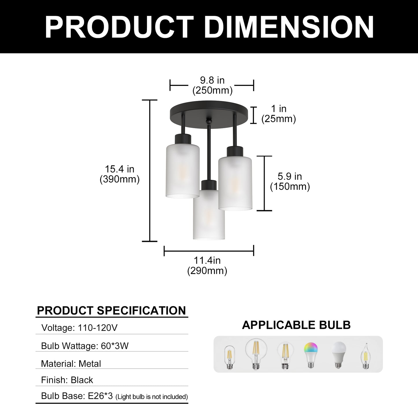 YANSUN 15 in. 3-Light Black Industrial Semi Flush Mount, Cluster Ceiling with White Glass Shades for Kitchen, Dining Room
