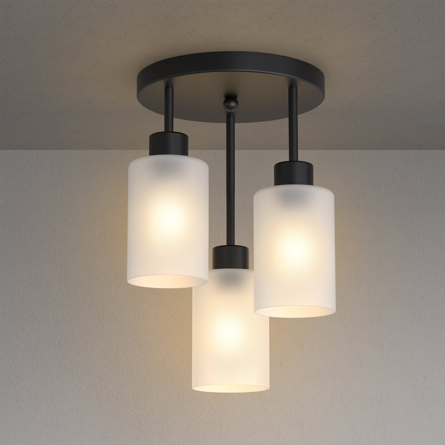 YANSUN 15 in. 3-Light Black Industrial Semi Flush Mount, Cluster Ceiling with White Glass Shades for Kitchen, Dining Room