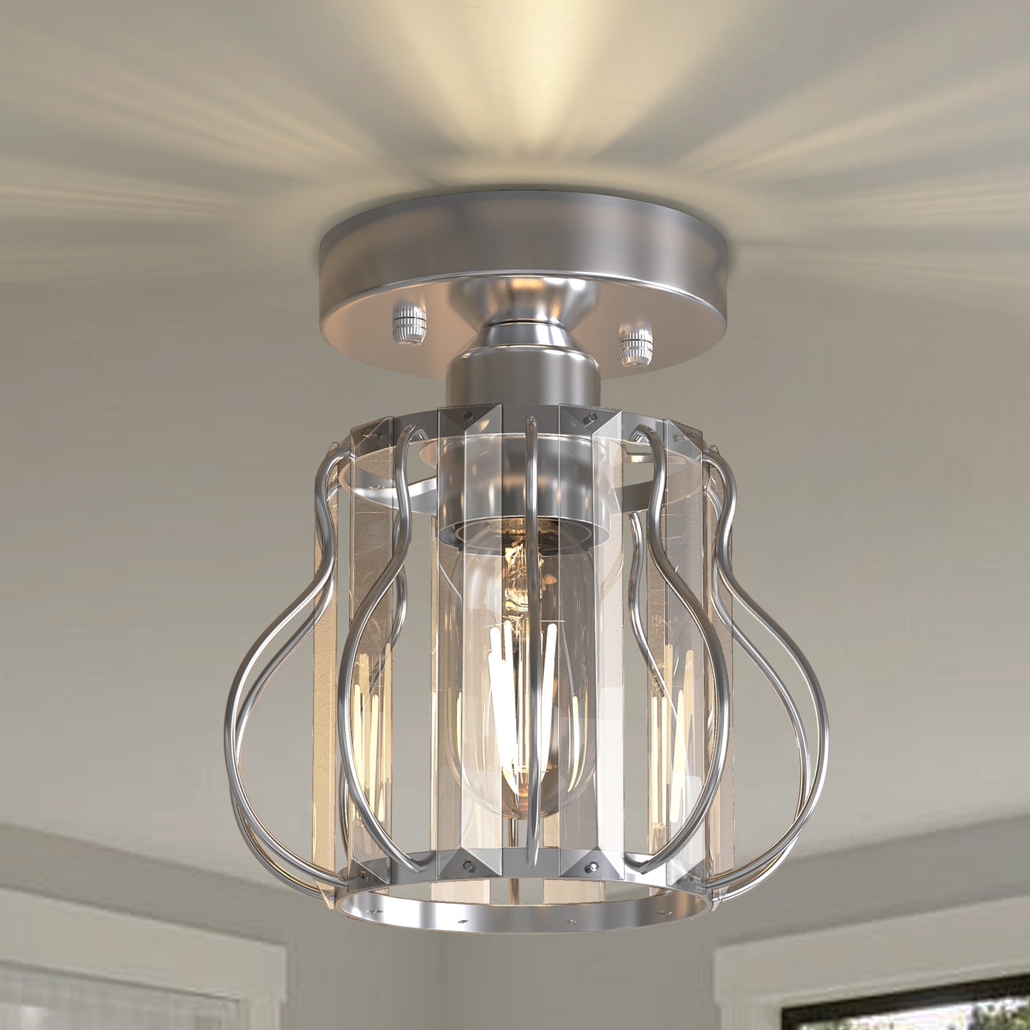 YANSUN 7.1-Inch Semi-Flush Mount Ceiling Light, Triangular Crystal Bars, Chrome Finish, Traditional Design