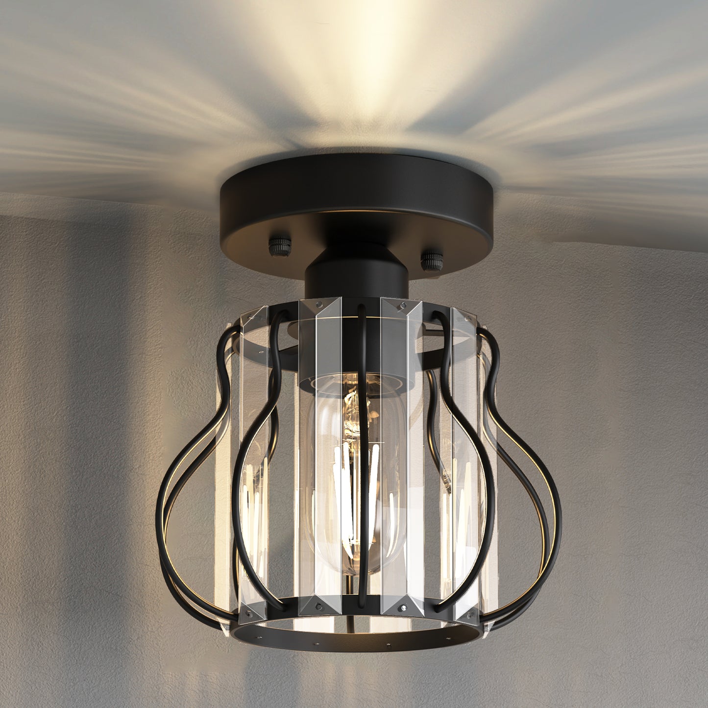 YANSUN 7.1-Inch Semi-Flush Mount Ceiling Light, Triangular Crystal Bars, Matte Black Finish, Modern Design