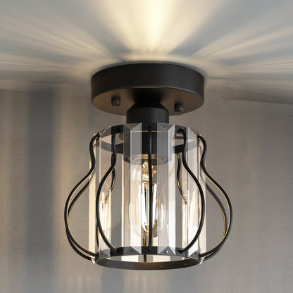 YANSUN 7.1in Semi Flush Mount Ceiling Light with Triangular Crystal Design, Matte Black Metal + Crystal
