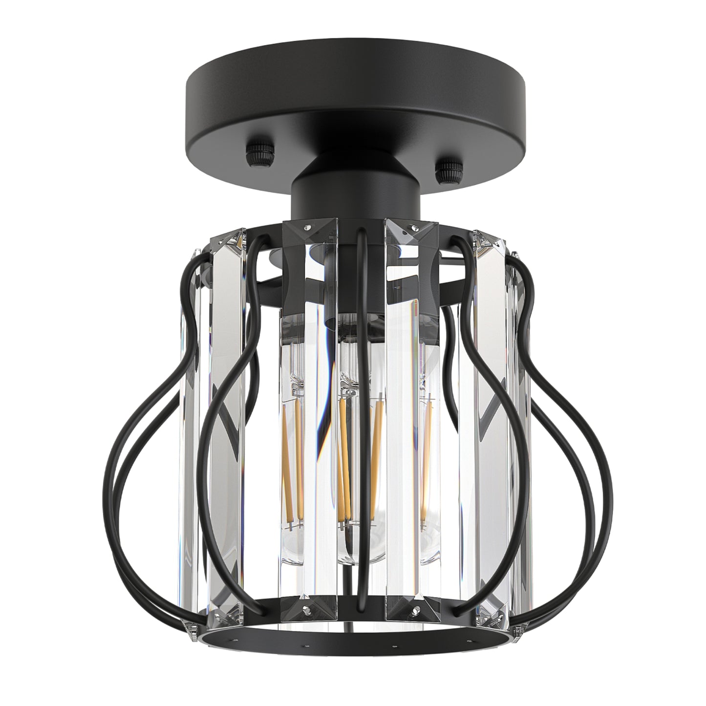 YANSUN 7.1in Semi Flush Mount Ceiling Light with Triangular Crystal Design, Matte Black Metal + Crystal