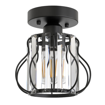 YANSUN 7.1in Semi Flush Mount Ceiling Light with Triangular Crystal Design, Matte Black Metal + Crystal