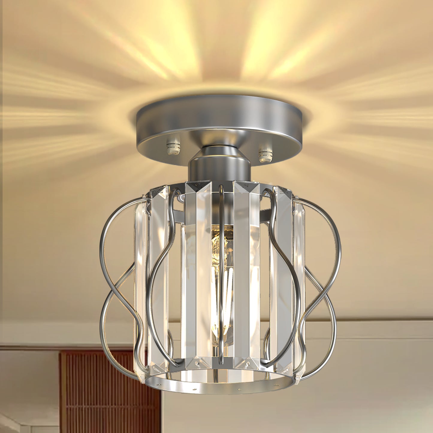 YANSUN 7.1in Chrome Crystal Semi Flush Mount Ceiling Light E26 Modern Hallway Ceiling Fixture with Triangle Crystal Accents