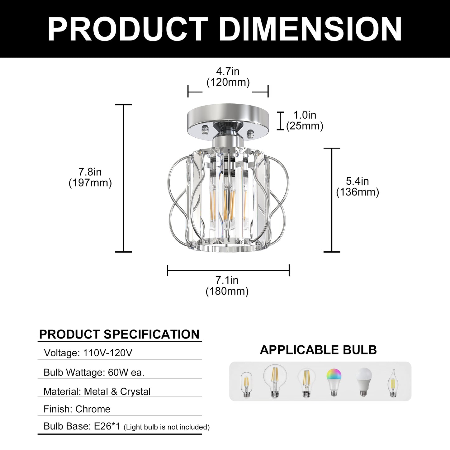 YANSUN 7.1in Chrome Crystal Semi Flush Mount Ceiling Light E26 Modern Hallway Ceiling Fixture with Triangle Crystal Accents