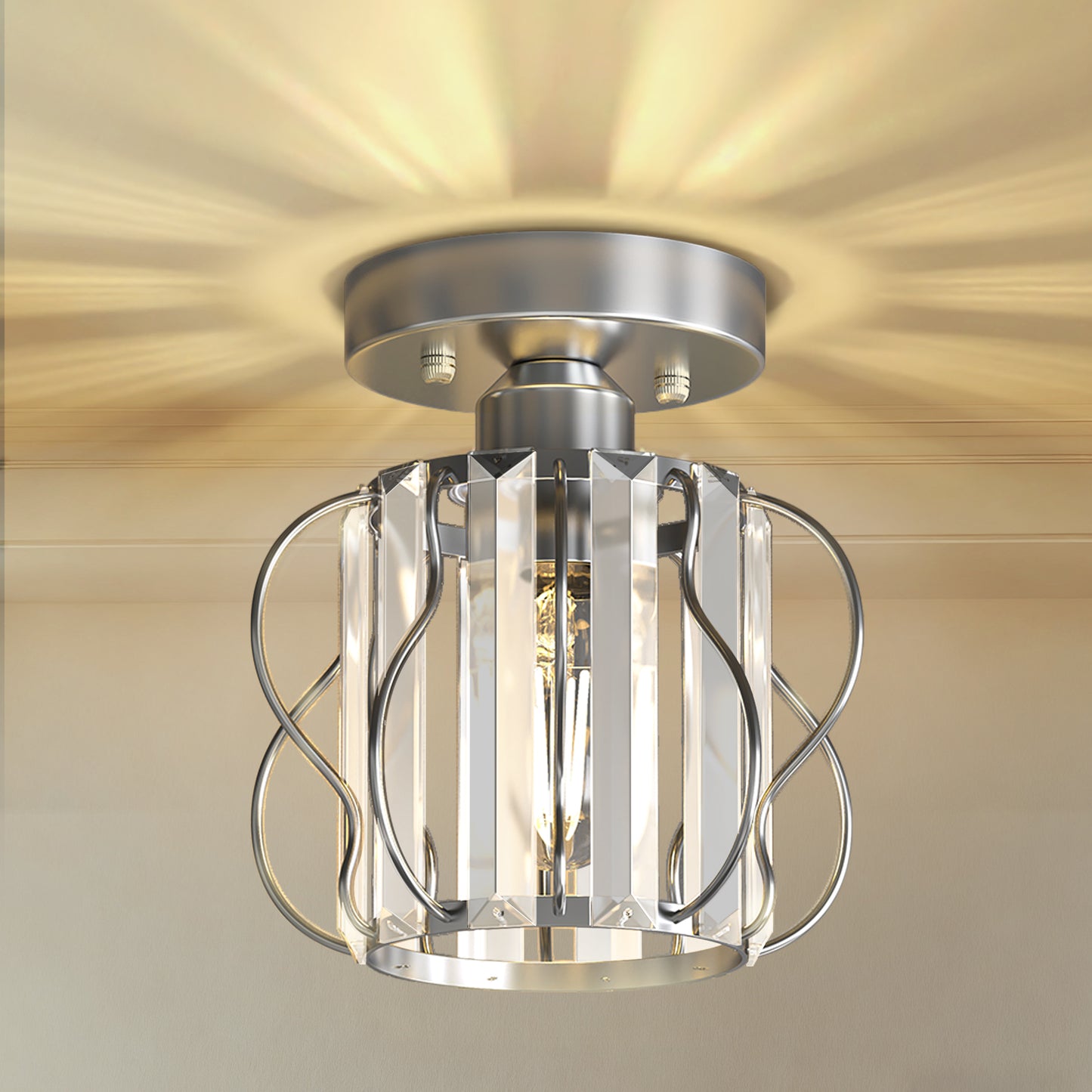 YANSUN 7.1in Chrome Crystal Semi Flush Mount Ceiling Light E26 Modern Hallway Ceiling Fixture with Triangle Crystal Accents