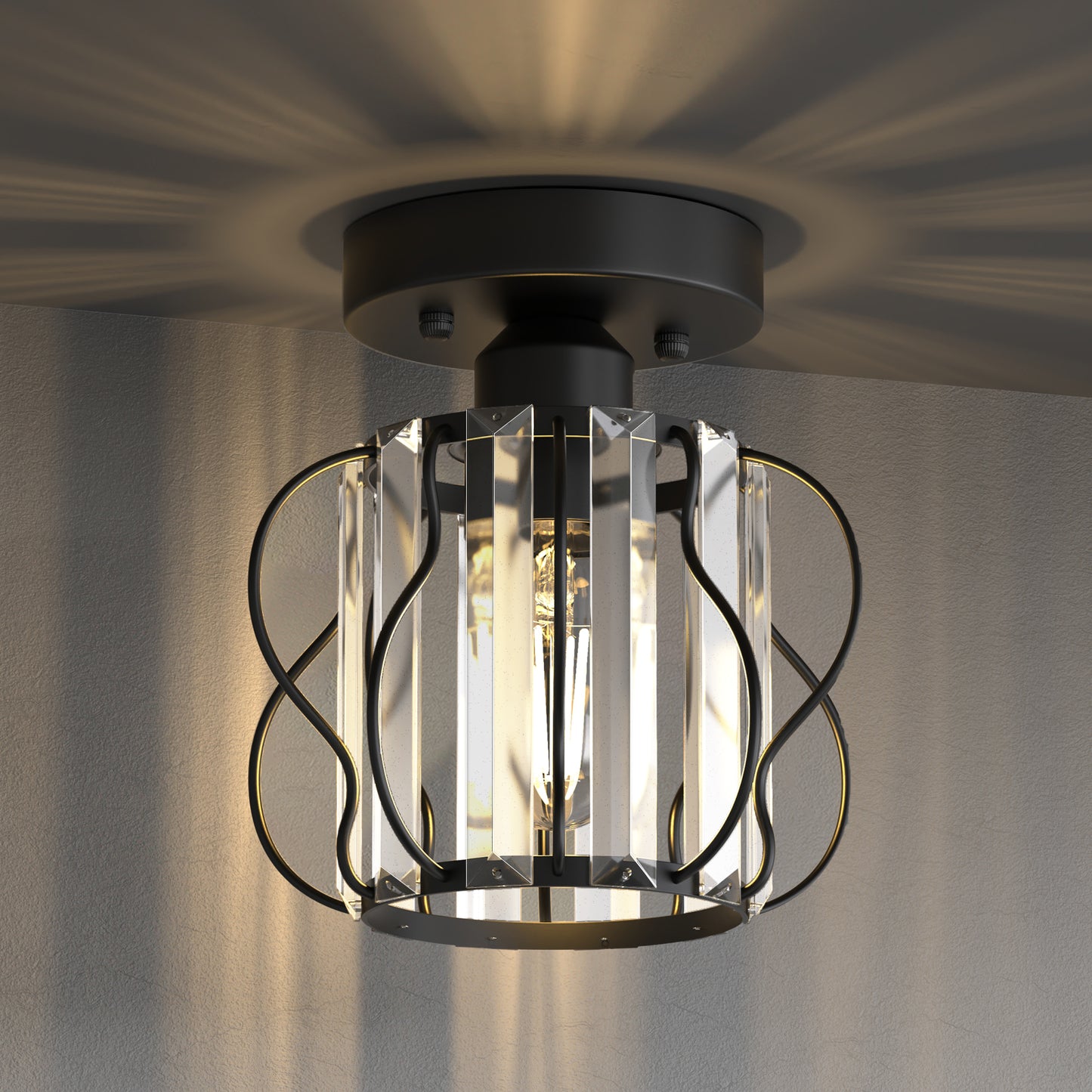 YANSUN 7.1-Inch Semi-Flush Mount Ceiling Light, Triangular Crystal Bars, Interwoven Metal Design, Matte Black Finish