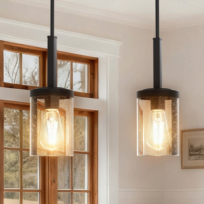 YANSUN Set of 2 Farmhouse Pendant Lights, Wood & Oil-Rubbed Bronze, Cylinder Glass Shades 4.7"x7.1", Adjustable Hanging Rods