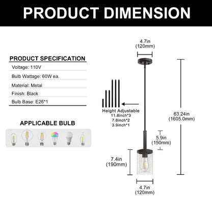 YANSUN Set of 2 Farmhouse Pendant Lights, Wood & Oil-Rubbed Bronze, Cylinder Glass Shades 4.7"x7.1", Adjustable Hanging Rods