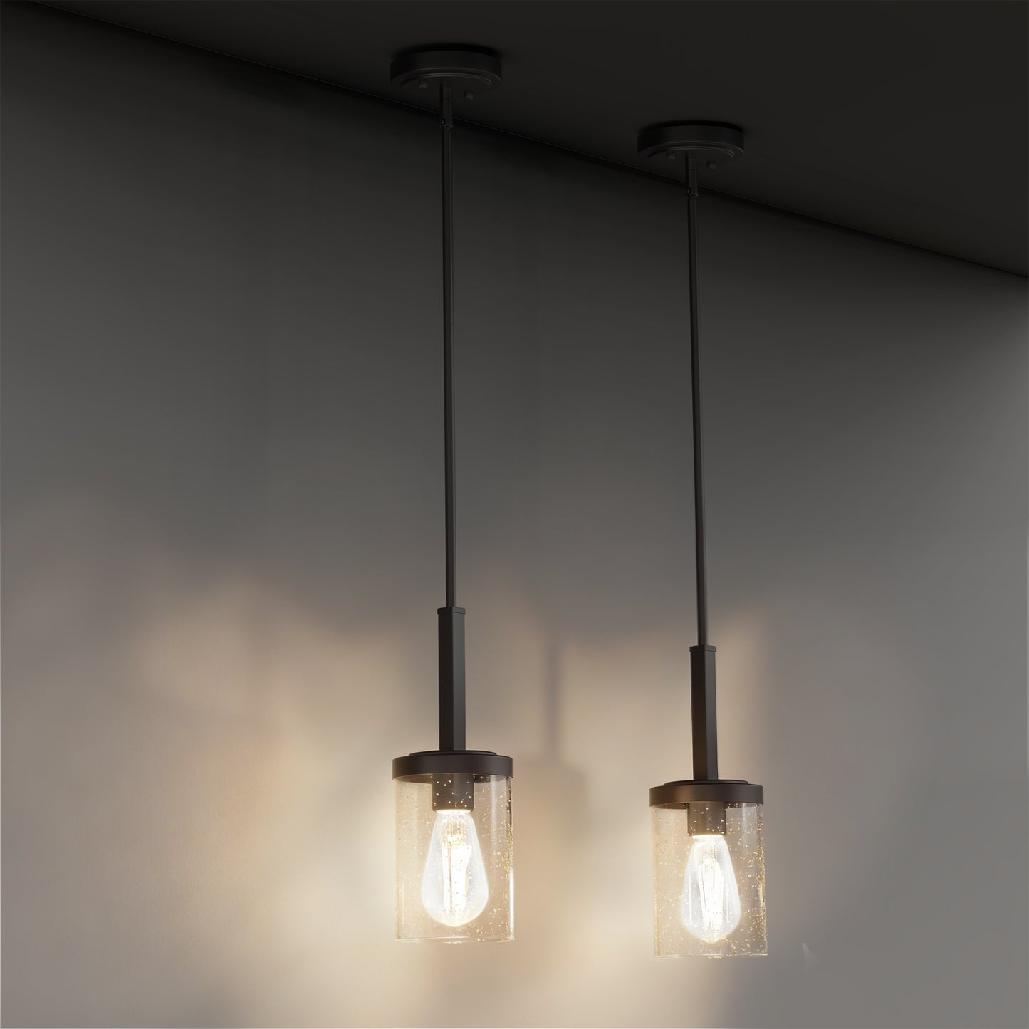 YANSUN Set of 2 Farmhouse Pendant Lights, Wood & Oil-Rubbed Bronze, Cylinder Glass Shades 4.7"x7.1", Adjustable Hanging Rods
