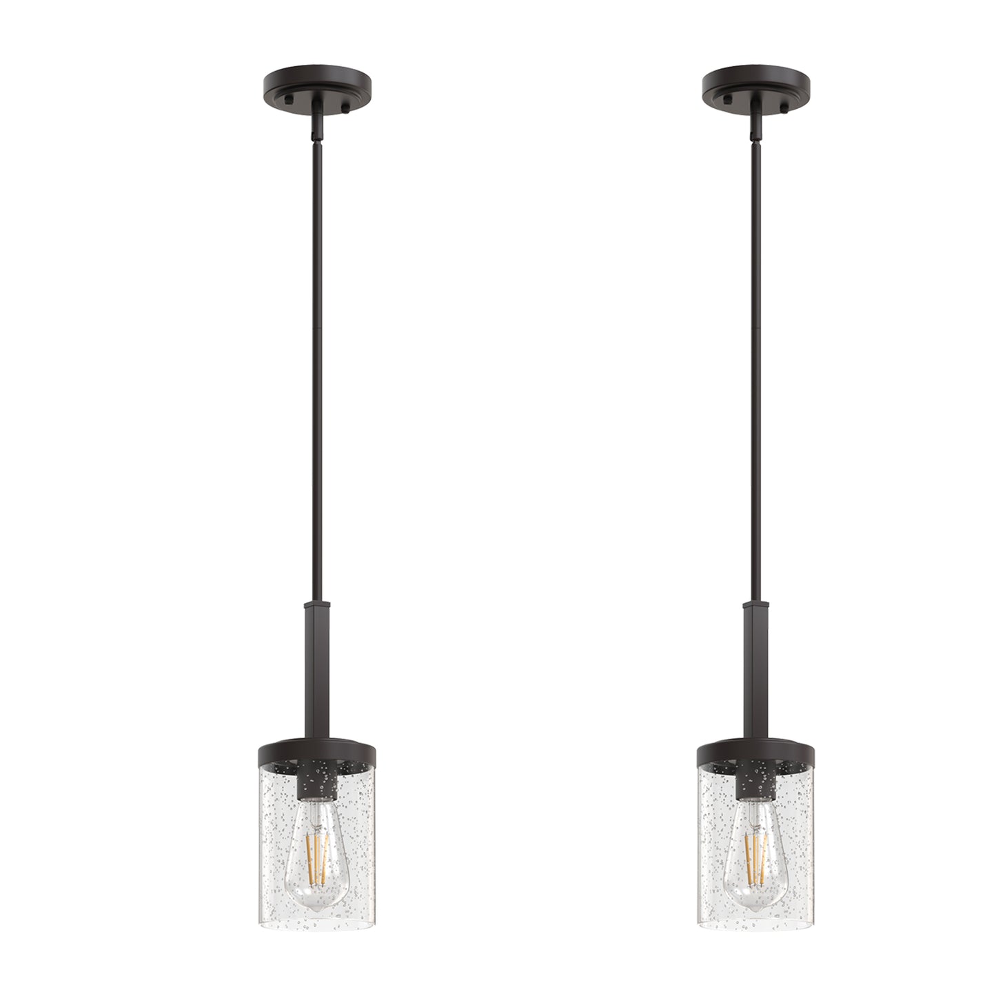 YANSUN Set of 2 Farmhouse Pendant Lights, Wood & Oil-Rubbed Bronze, Cylinder Glass Shades 4.7"x7.1", Adjustable Hanging Rods