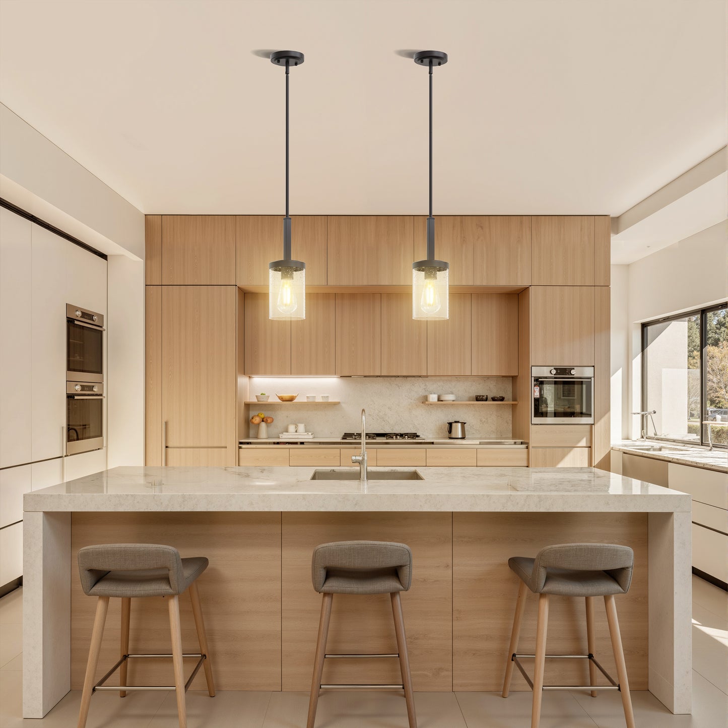 YANSUN Set of 2 Farmhouse Pendant Lights, Wood & Oil-Rubbed Bronze, Cylinder Glass Shades 4.7"x7.1", Adjustable Hanging Rods