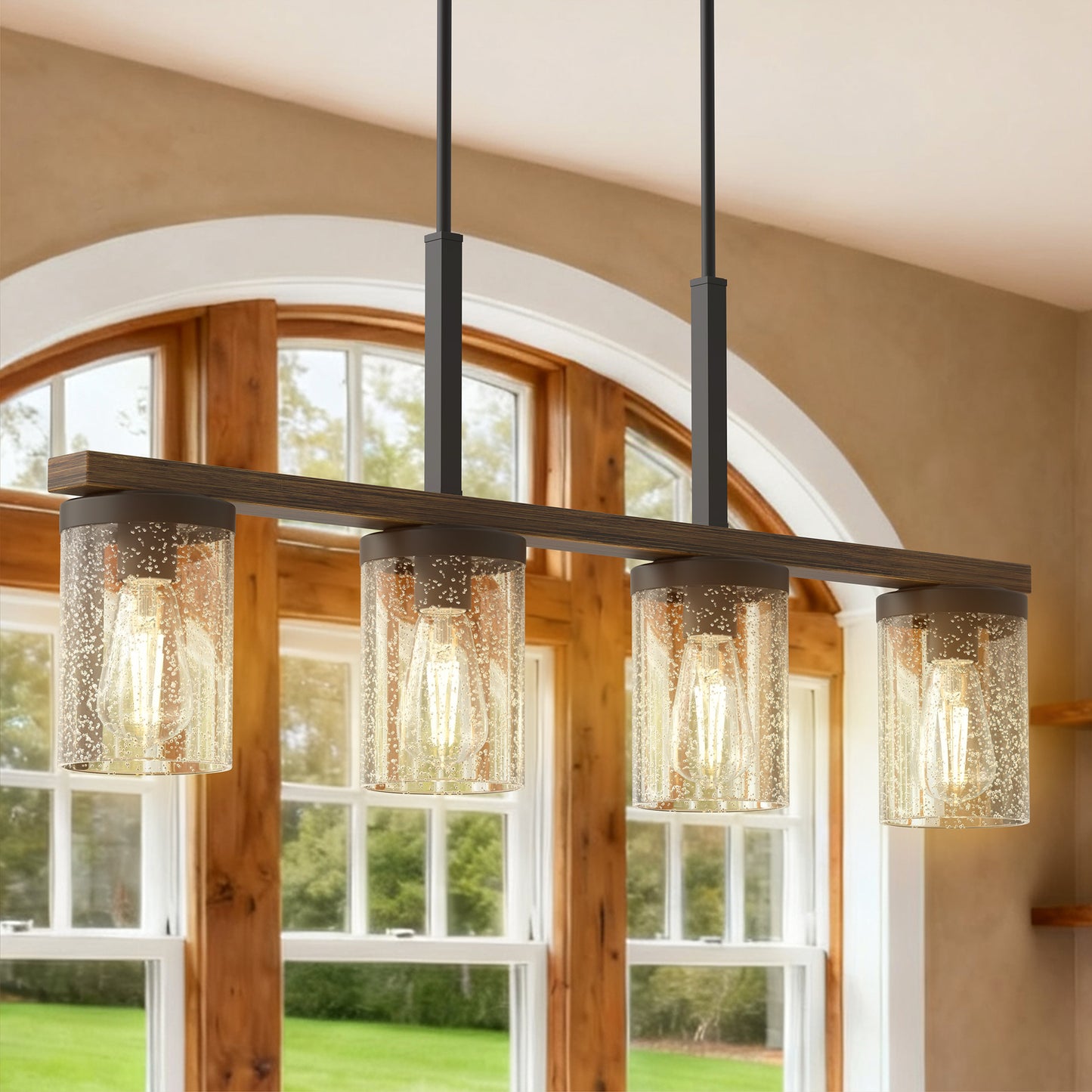 YANSUN 4-Light Island Pendant with Wood Accents, Oil-Rubbed Bronze Finish, Clear Glass Shades, Farmhouse Style