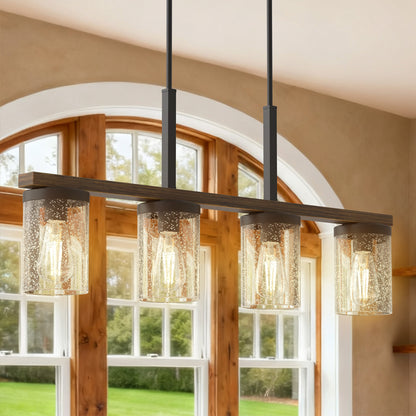 YANSUN 4-Light Island Pendant with Wood Accents, Oil-Rubbed Bronze Finish, Clear Glass Shades, Farmhouse Style