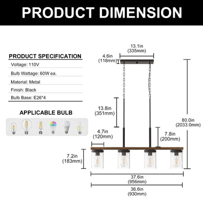 YANSUN 4-Light Island Pendant with Wood Accents, Oil-Rubbed Bronze Finish, Clear Glass Shades, Farmhouse Style