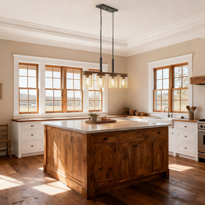 YANSUN 4-Light Island Pendant with Wood Accents, Oil-Rubbed Bronze Finish, Clear Glass Shades, Farmhouse Style