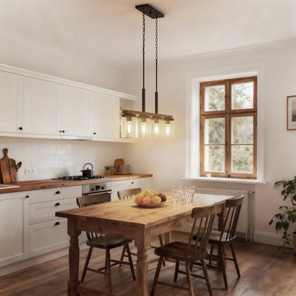 YANSUN 4-Light Island Pendant with Wood Accents, Oil-Rubbed Bronze Finish, Clear Glass Shades, Farmhouse Style