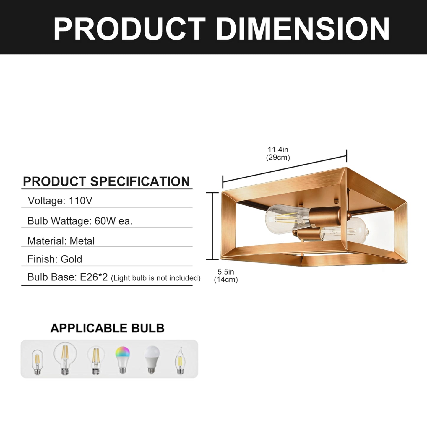 YANSUN 2-Light Square Flush Mount Ceiling Light, Brushed Copper Finish, Minimalist Frame Design, Modern Aesthetic