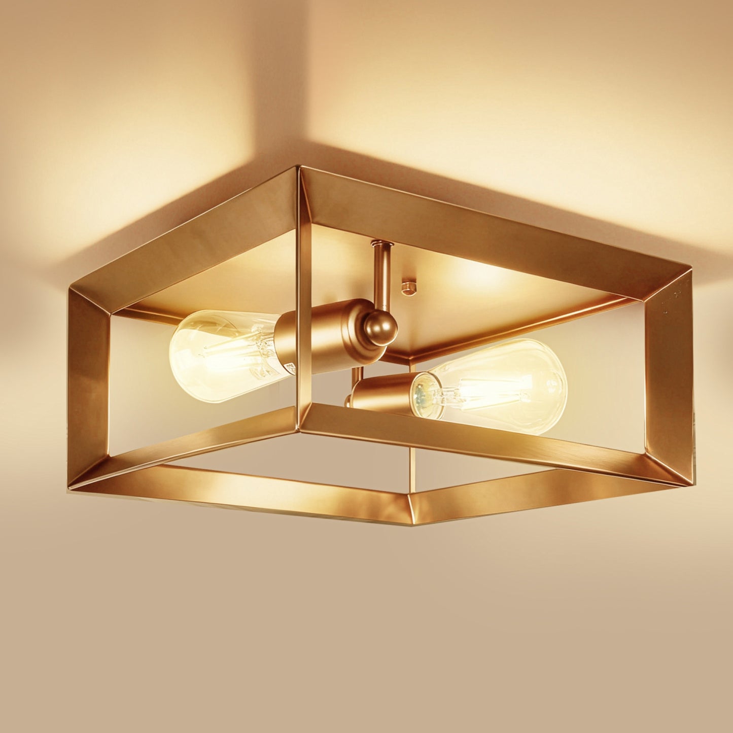 YANSUN 2-Light Square Flush Mount Ceiling Light, Brushed Copper Finish, Minimalist Frame Design, Modern Aesthetic