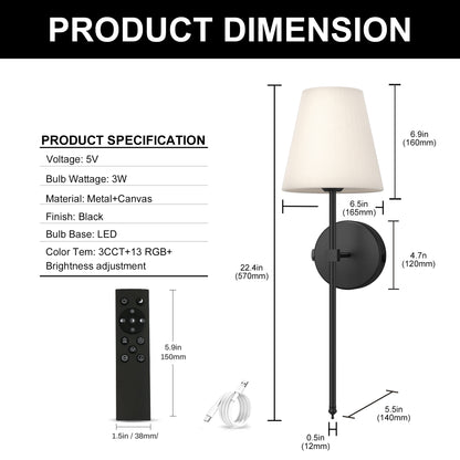 8 in. 1-Light Black Wall Sconce, Rechargeable Wall Sconce with Detachable Bulbs and Fabric Shade for Living Room(2-Pack??¡ìo?