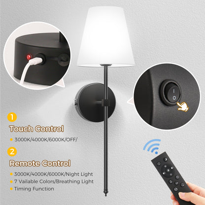 8 in. 1-Light Black Wall Sconce, Rechargeable Wall Sconce with Detachable Bulbs and Fabric Shade for Living Room(2-Pack??¡ìo?