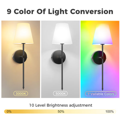8 in. 1-Light Black Wall Sconce, Rechargeable Wall Sconce with Detachable Bulbs and Fabric Shade for Living Room(2-Pack??¡ìo?