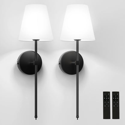 8 in. 1-Light Black Wall Sconce, Rechargeable Wall Sconce with Detachable Bulbs and Fabric Shade for Living Room(2-Pack??¡ìo?