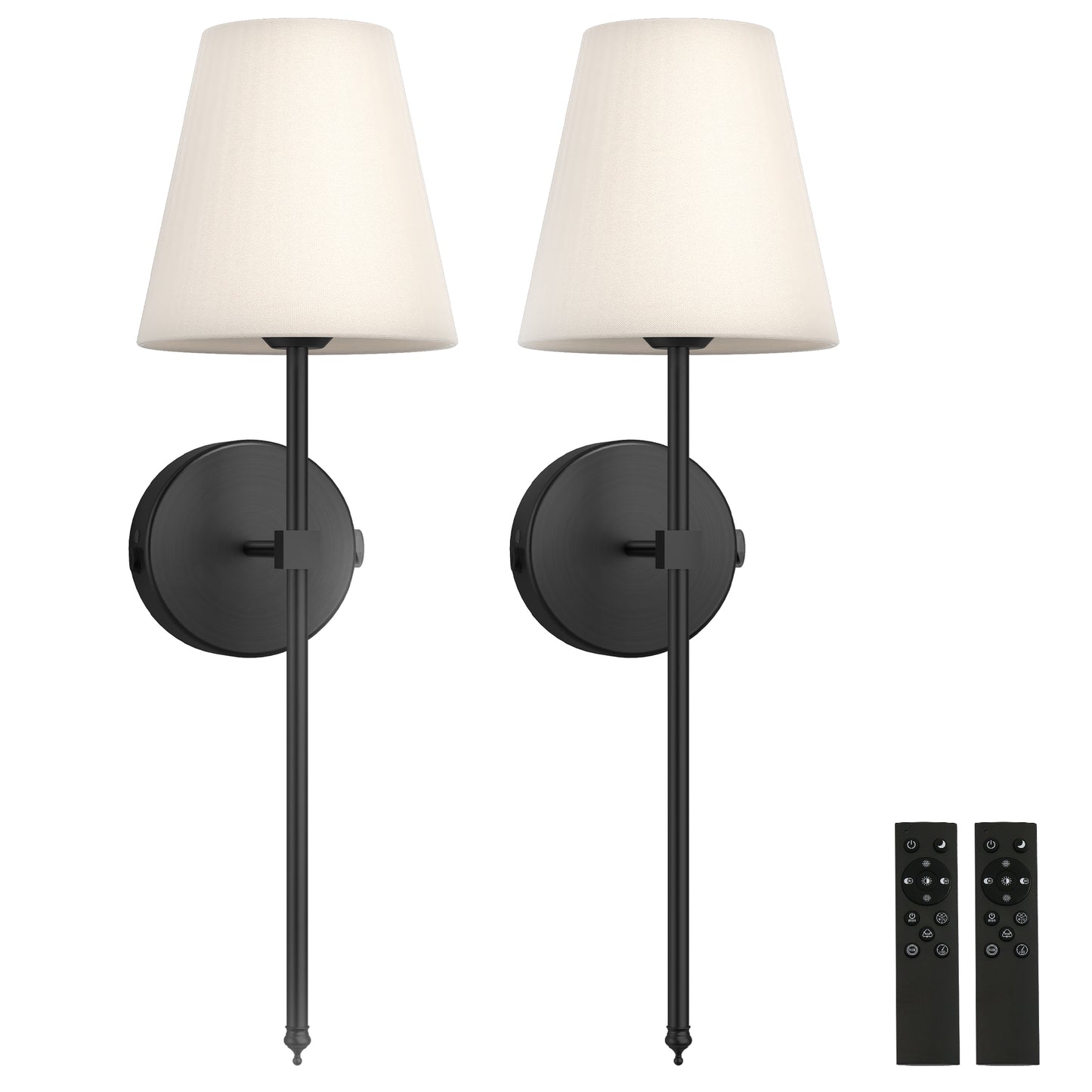 8 in. 1-Light Black Wall Sconce, Rechargeable Wall Sconce with Detachable Bulbs and Fabric Shade for Living Room(2-Pack??¡ìo?