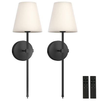 8 in. 1-Light Black Wall Sconce, Rechargeable Wall Sconce with Detachable Bulbs and Fabric Shade for Living Room(2-Pack??¡ìo?